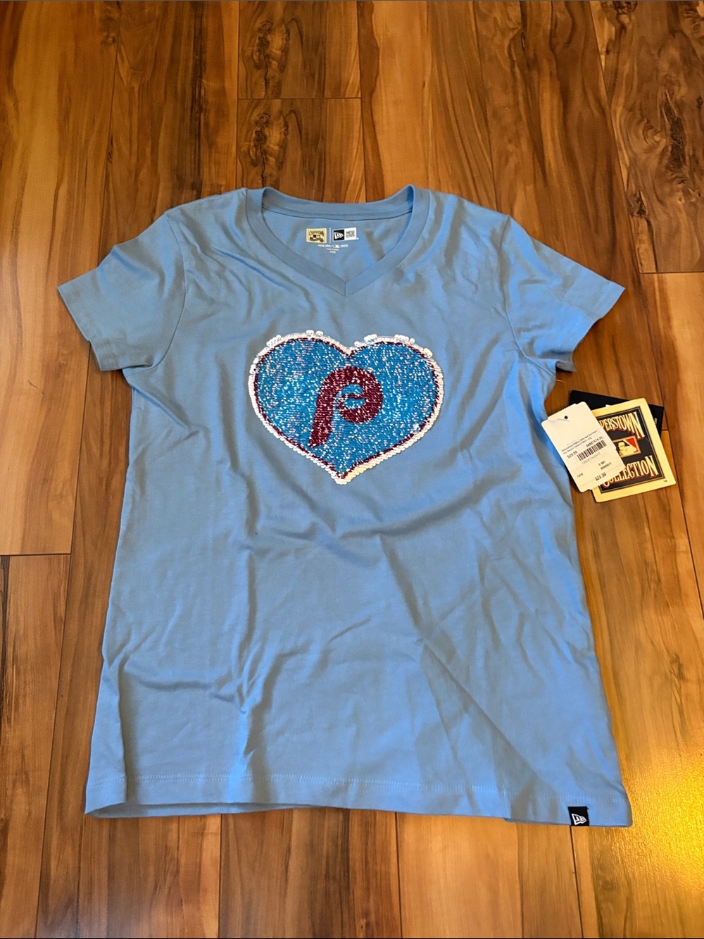 New Era Light Blue Girls Tee with Sequin Heart Logo